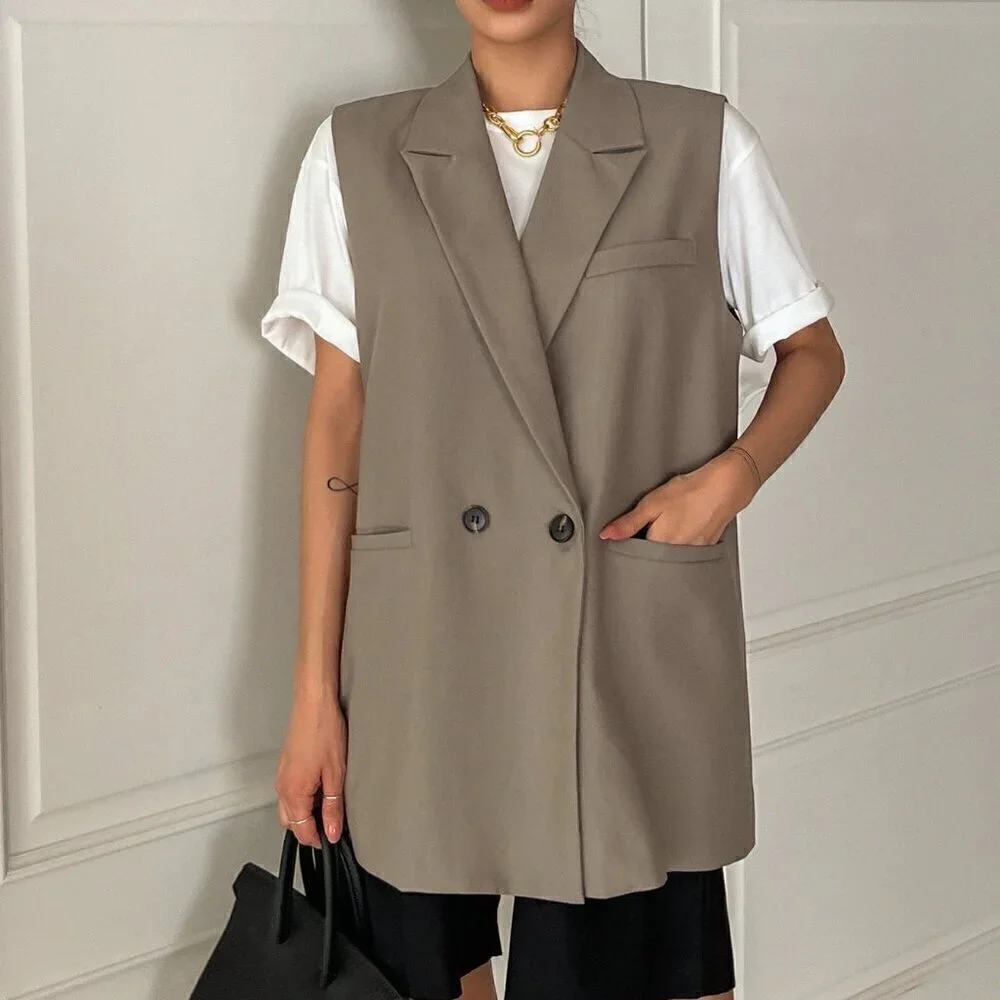 Khaki Casual Women's Double Button Double Pocket Vest Blazer